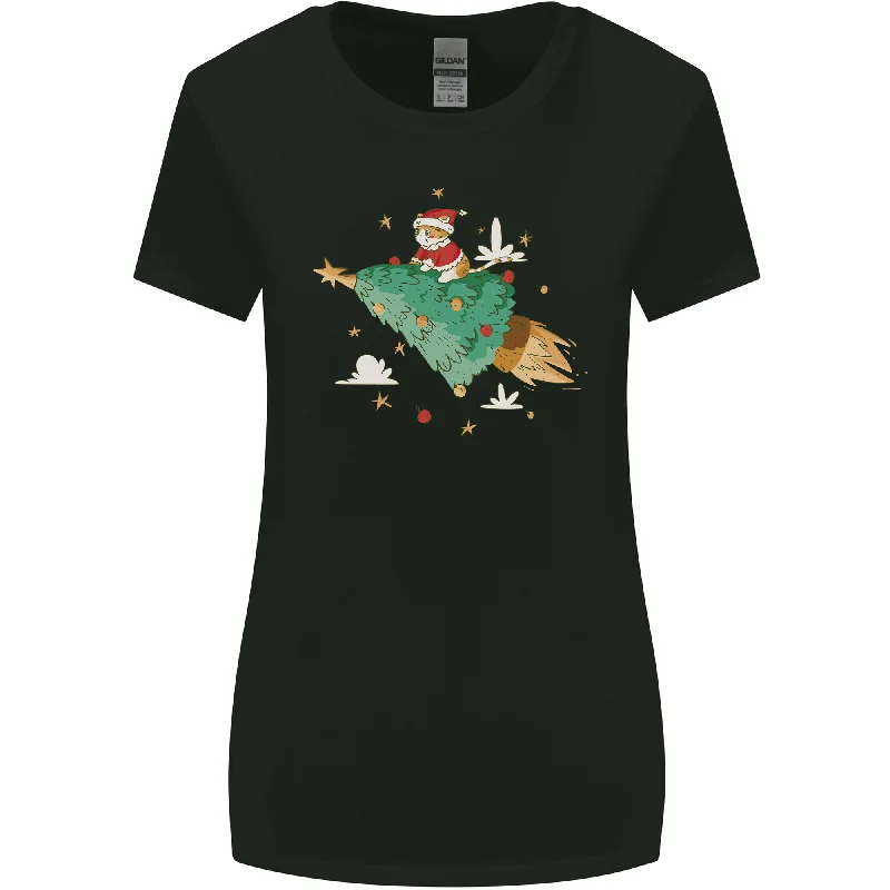 Christmas Cat Space Rocket Xmas Tree Ship Womens Wider Cut T-Shirt Embroidered Appliqued Beaded