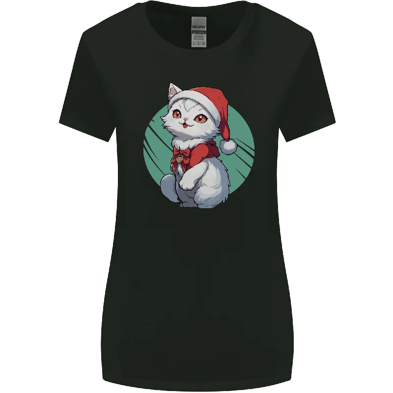 Christmas Cat With Green Background Womens Wider Cut T-Shirt Graphic T-Shirt Round Neck Polyester