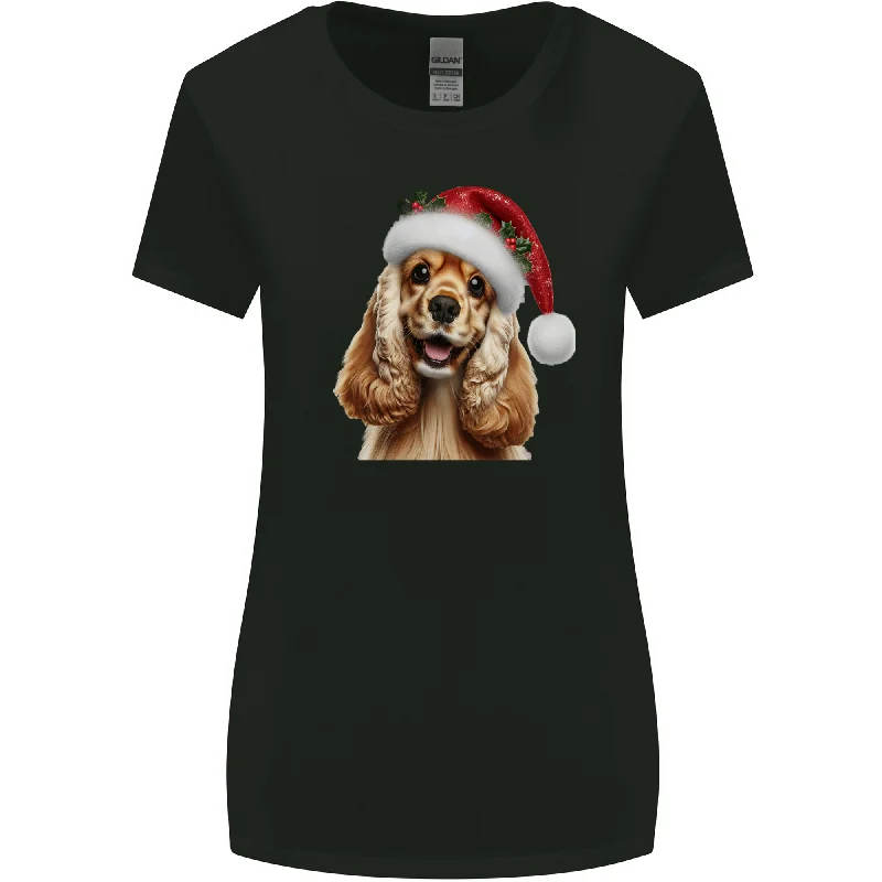 Christmas Cocker Spaniel Xmas Hat Dog Womens Wider Cut T-Shirt Polka Dot Checkered Tartan