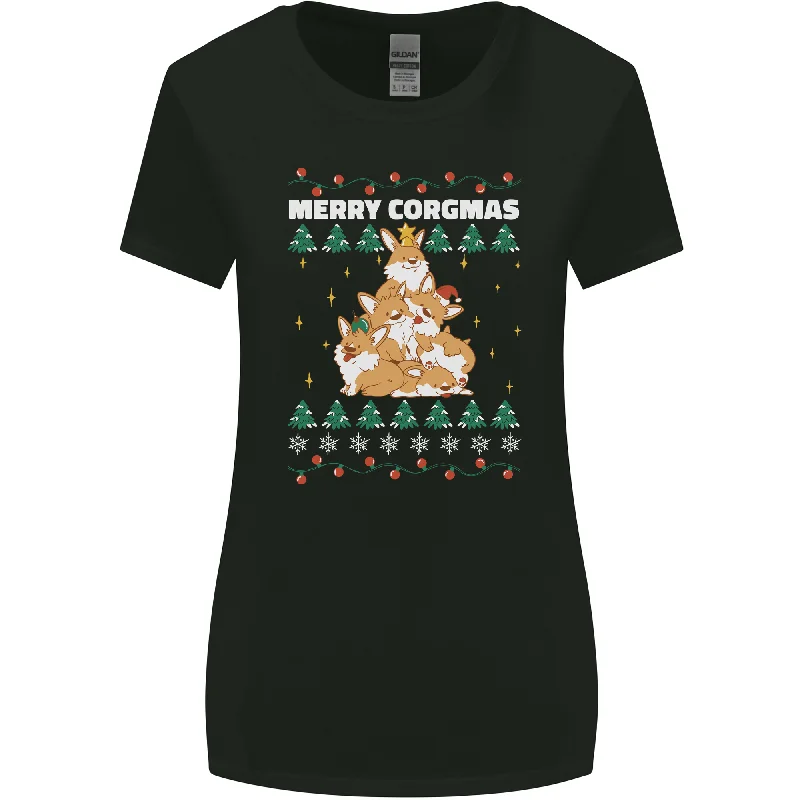 Christmas Corgi Dog Tree Xmas Womens Wider Cut T-Shirt Zippered Front Buttoned Front Snap Front