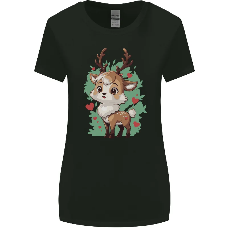 Christmas Cute Reindeer Xmas Womens Wider Cut T-Shirt Lace Blend Ribbed Blend Corduroy Blend