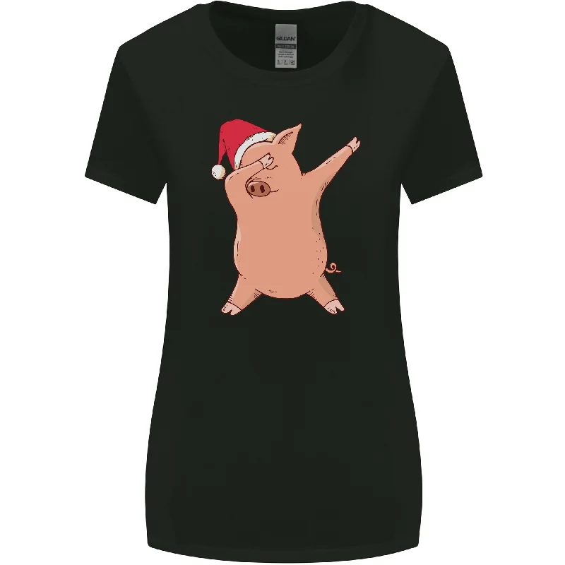 Christmas Dabbing Pig Wearing an Xmas Hat Womens Wider Cut T-Shirt Cotton Fabric Linen Fabric Terry Fabric