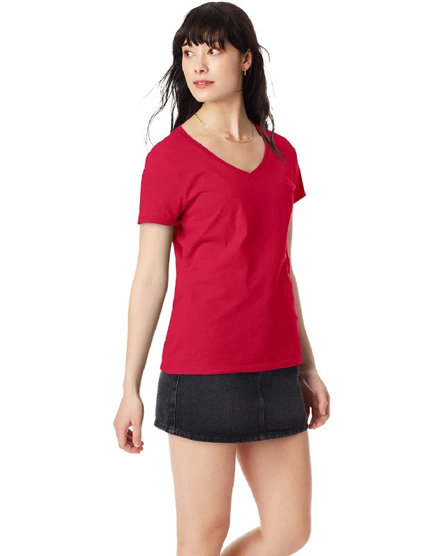 Hanes Ladies Ringspun Cotton Nano V-Neck T-Shirt | Deep Red Satin Blend Silk Blend Wool Blend