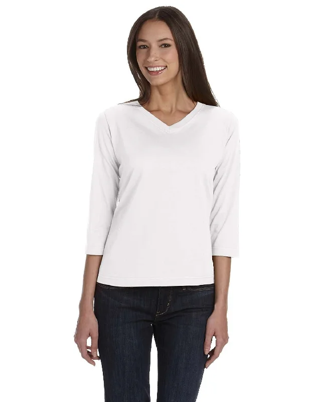 LAT Ladies 3/4 Sleeve V-Neck Tee | White Terry Blend Velvet Blend Canvas Blend