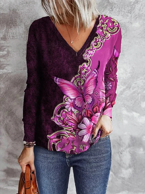 Long Sleeve T-Shirt with Butterfly and Floral Pattern Elasticated Padded Insulated