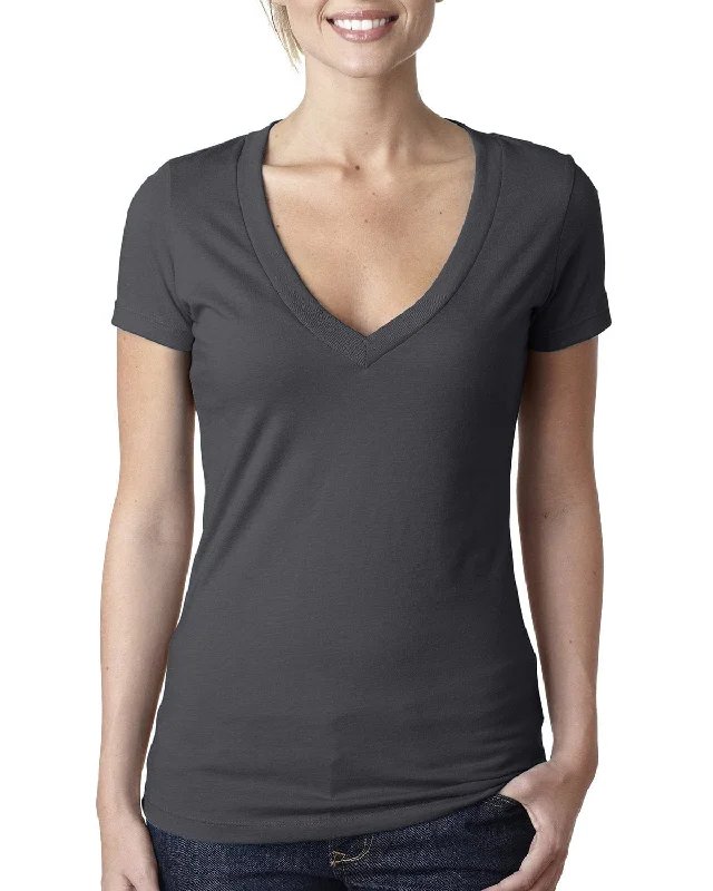 Next Level Ladies CVC Deep V-Neck Tee | Charcoal Fitted T-Shirt Seamless Stretchy