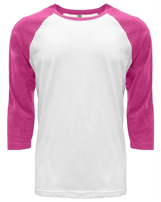 Next Level Unisex CVC 3/4 Sleeve Raglan Baseball T-Shirt | Hot Pink/ White Hooded Caped Shawl Collar