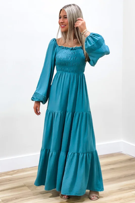 Always Blessed Smocked Tiered Maxi Dress - Dusty Blue Cozy Wrap Maxi Dress