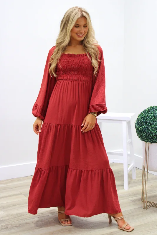 Always Blessed Smocked Tiered Maxi Dress - Brick Comfortable Bohemian Maxi Dress