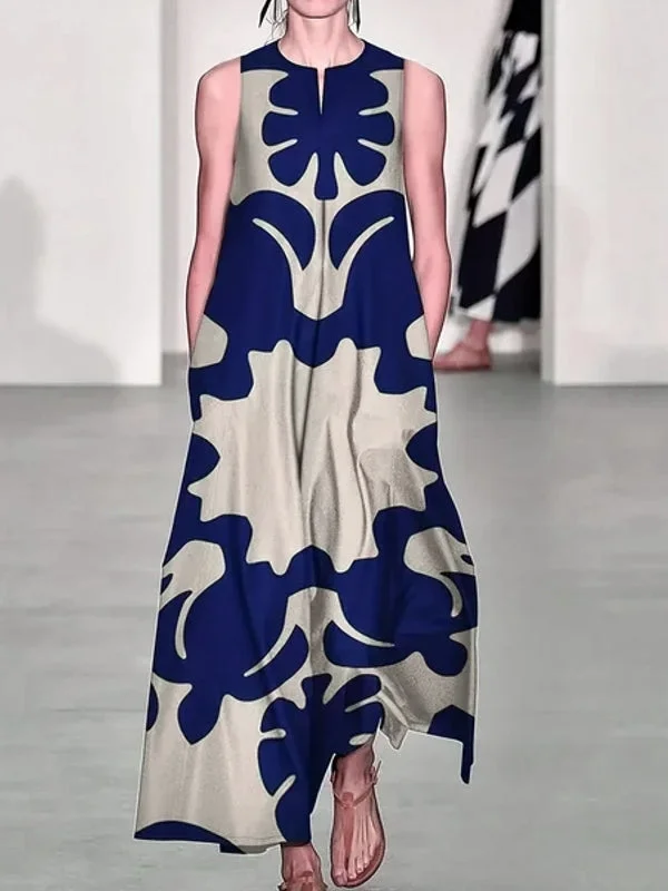 Abstract Print Sleeveless Maxi Dress Classic Solid Maxi Dress