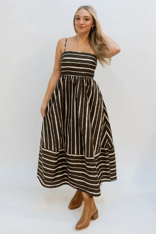 Alexis Brown Stripe Maxi Dress Stylish Pleated A-Line Maxi Dress