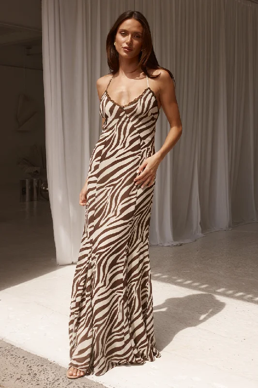 AMINAH MAXI DRESS - ZEBRA CHOCOLATE Cozy Maxi Dress with Slit