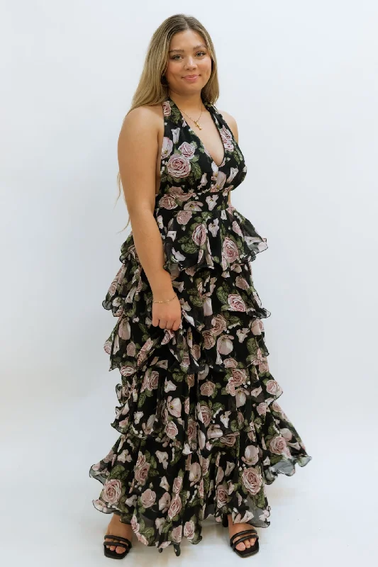 Athena Floral Halter Maxi Dress - Black Chic Summer Floral Maxi Dress