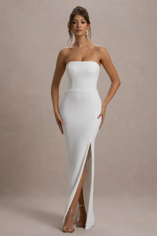 Belle of The Ball | White Bandeau Maxi Dress With Split Hem Comfortable Casual Maxi Dress