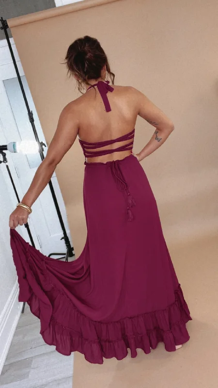 ECB Exclusive: Between the Lines Maxi Dress, Burgundy Trendy V-Neck Maxi Dress