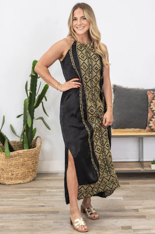 Black And Gold Embroidery Detail Maxi Dress Cozy Open-Back Maxi Dress