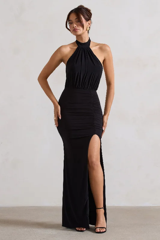 Forever Dreaming | Black Backless Halter Neck Ruched Split Maxi Dress Comfortable Maxi Dress with Belt