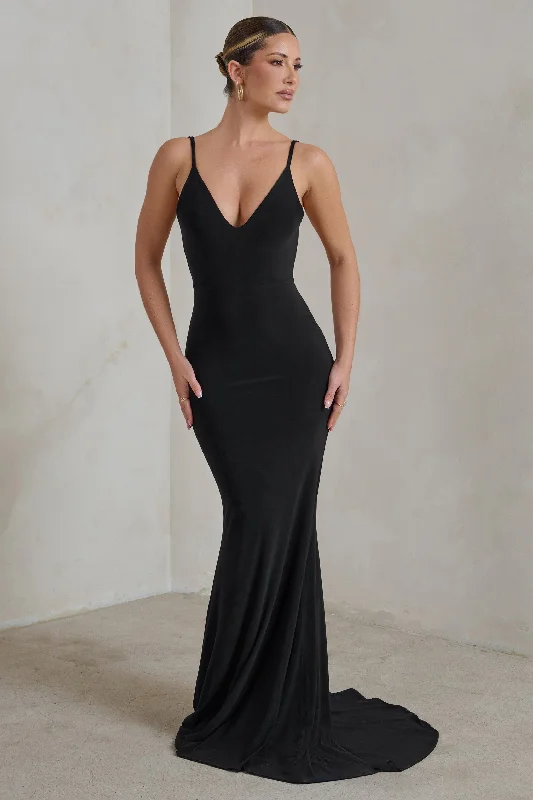 Endless Love | Black Backless Knot Detail Fishtail Maxi Dress Trendy Satin Maxi Dress