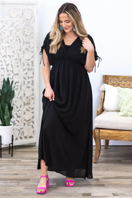 Black V-Neck Maxi Dress With Pockets Elegant Lace-Up Maxi Dress