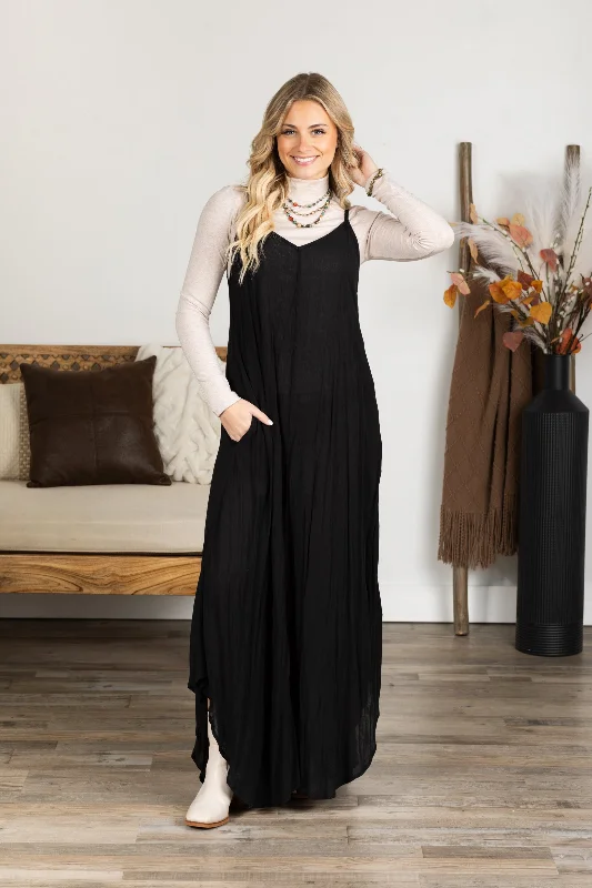 Black Woven Crinkle Maxi Dress Elegant Maxi Dress with Drapes