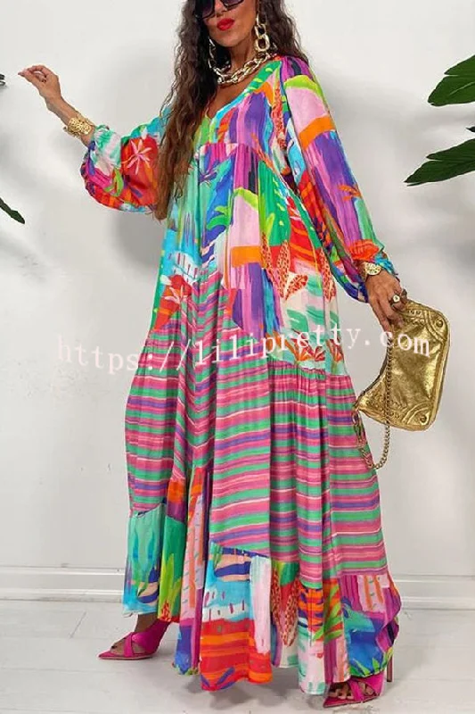 Lilipretty Bloom with A View Colorful Geometric Swing Maxi Dress Elegant Lace-Up Maxi Dress