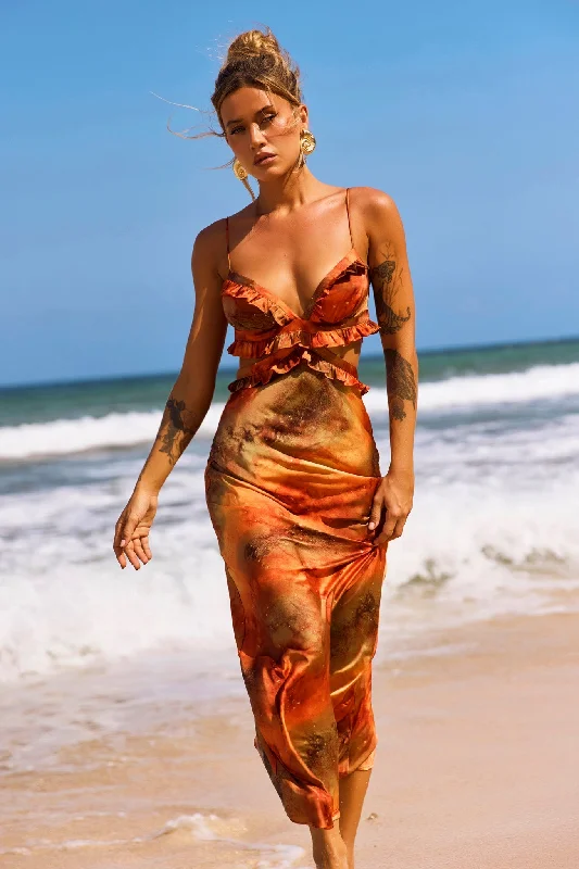 Bohemian Nights Maxi Dress - Orange Cozy Maxi Dress with Slit