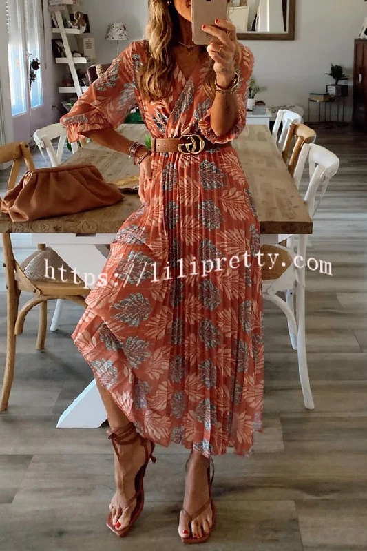 Lilipretty Botanical Print Pleated Long Sleeved Maxi Dress Comfortable Fitted Maxi Dress