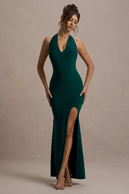 Glamour | Bottle Green Backless V Plunge Halter Neck Maxi Dress With Side Split Fashionable Sleeveless Maxi Dress