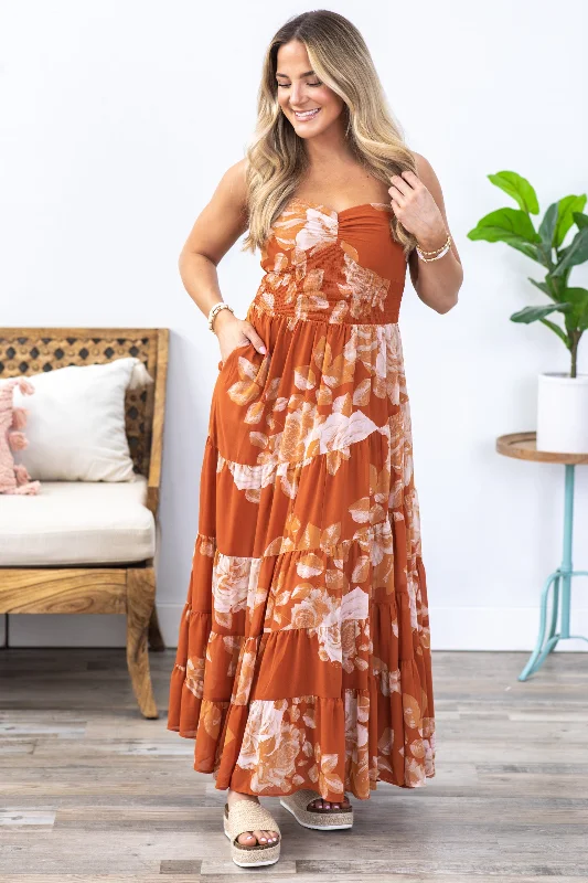 Burnt Orange Floral Spiral Tiered Maxi Dress Stylish Long Sleeve Maxi Dress