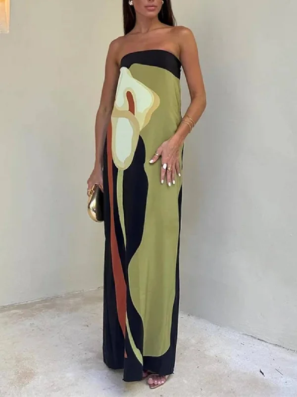 Contrast Sleeveless Off Charming Shoulder Printed Maxi Dress Chic Summer Maxi Dress