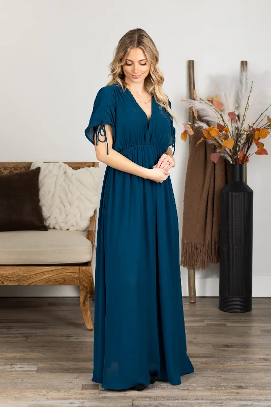 Dark Teal V-Neck Maxi Dress With Pockets Stylish Maxi Dress with Frills