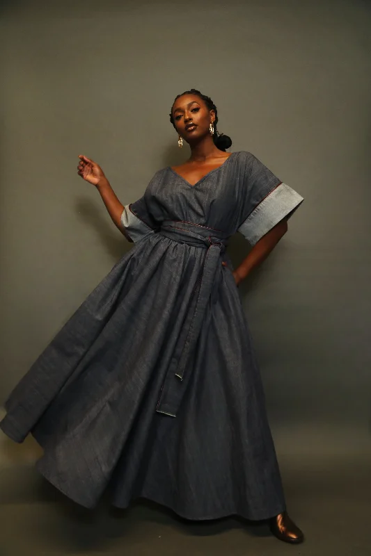 Denim Maxi Dress w/Leather Trim Comfortable Ruffle Hem Maxi Dress