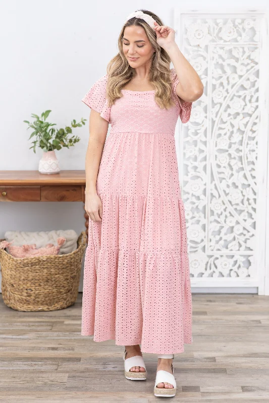 Dusty Pink Eyelet Square Neck Lace Maxi Dress Trendy Maxi Dress with Belt