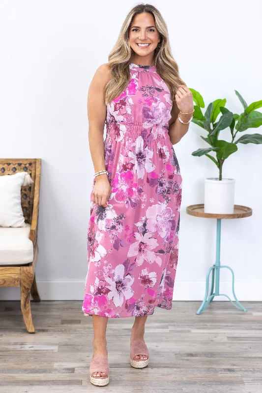 Dusty Pink Floral Chiffon Halter Maxi Dress Fashionable High-Low Maxi Dress