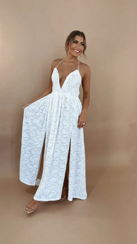 ECB Exclusive: Layla Lace Maxi Dress, White Fashionable Off-Shoulder Maxi Dress