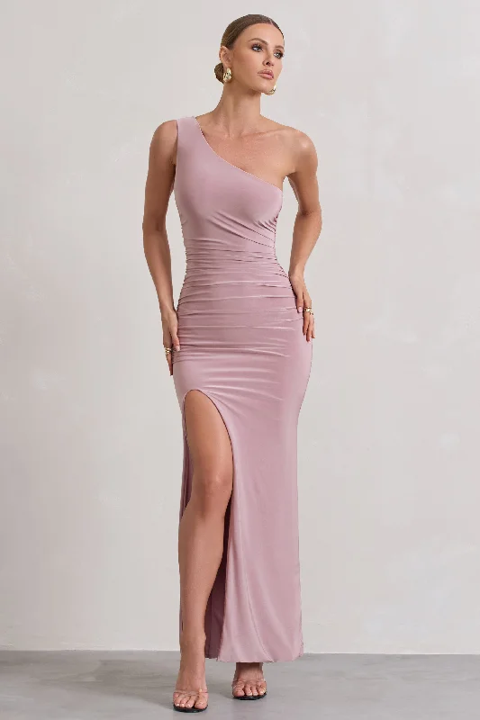 Ethereal | Dusky Lilac One Shoulder Ruched Split Maxi Dress Elegant Maxi Dress with Lace