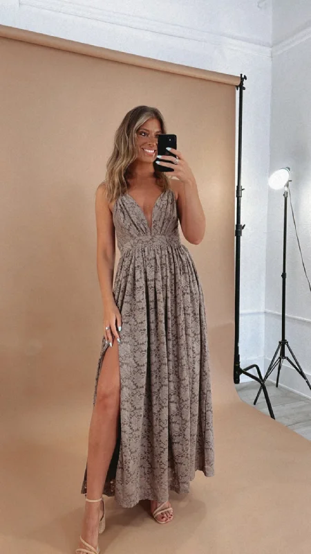 ECB Exclusive: Layla Lace Maxi Dress, Taupe Stylish Empire Waist Maxi Dress