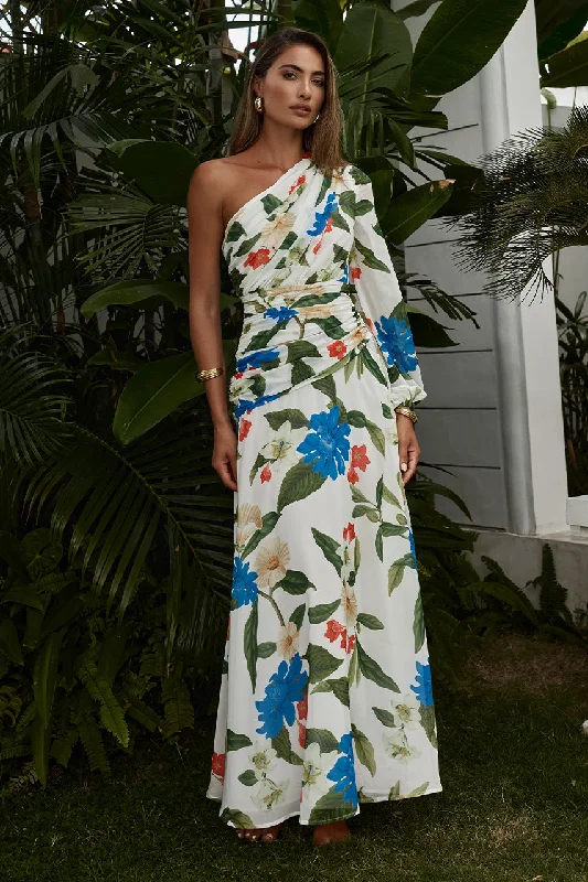 FLORIA MAXI DRESS - WHITE FLORAL Stylish Off-Shoulder Maxi Dress