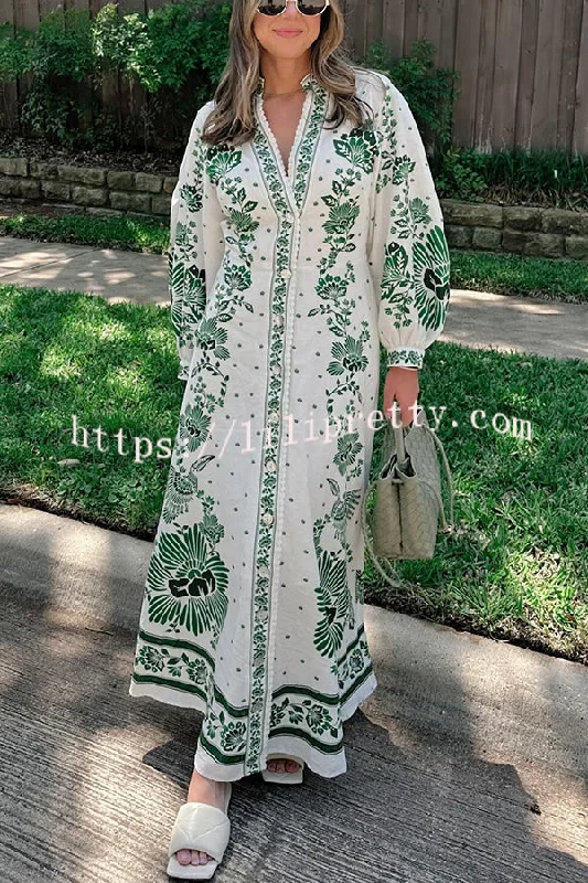 Forest Soul Unique Print Button Down Long Sleeve Shirt Maxi Dress Elegant Maxi Dress with Belt