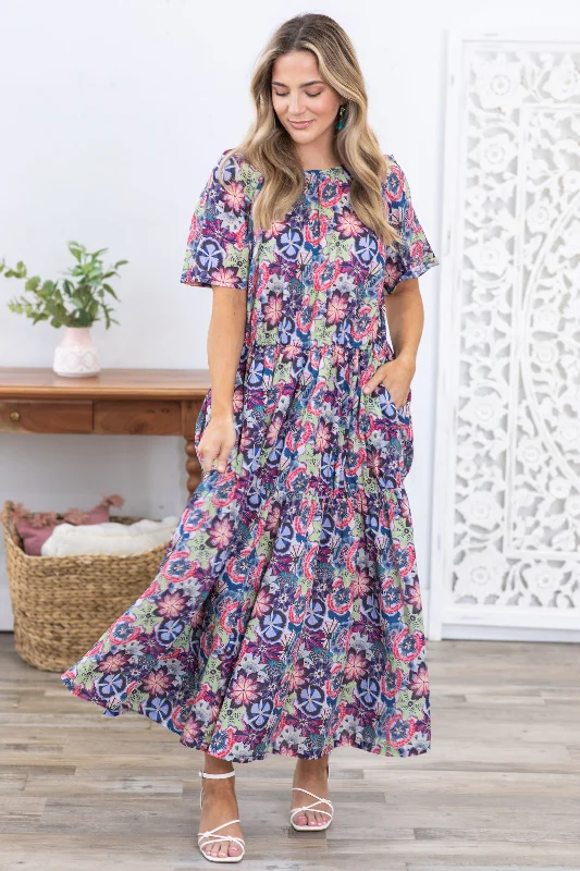 Green Floral Print Cotton Maxi Dress Fashionable Layered Maxi Dress