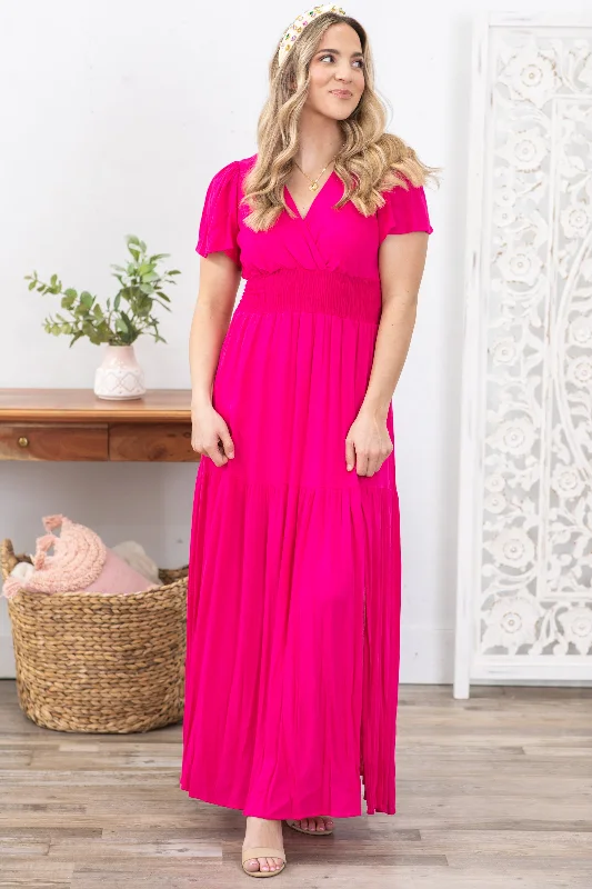 Hot Pink Smocked Waist Maxi Dress Elegant Maxi Dress with Drapes