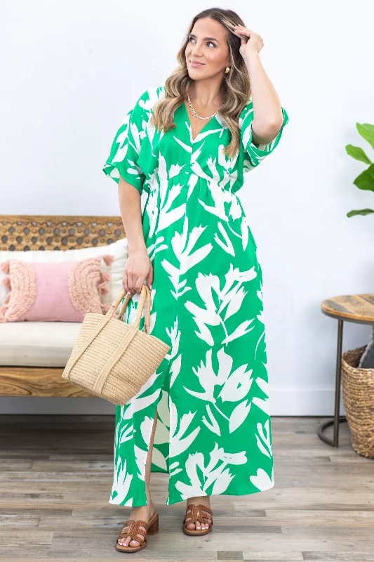 Kelly Green Print V-Neck Maxi Dress Elegant Boho Maxi Dress