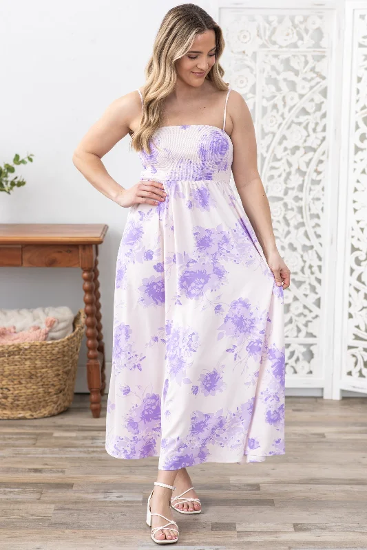 Lavender Floral Smocked Bodice Maxi Dress Comfortable Cotton Maxi Dress