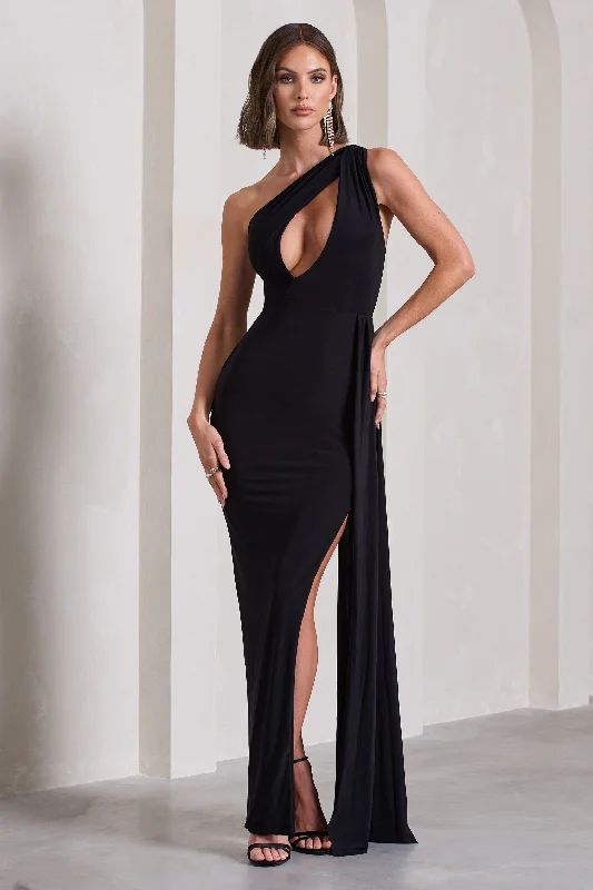 Lavish | Black One Shoulder Drape Maxi Dress Cozy Knitted Maxi Dress