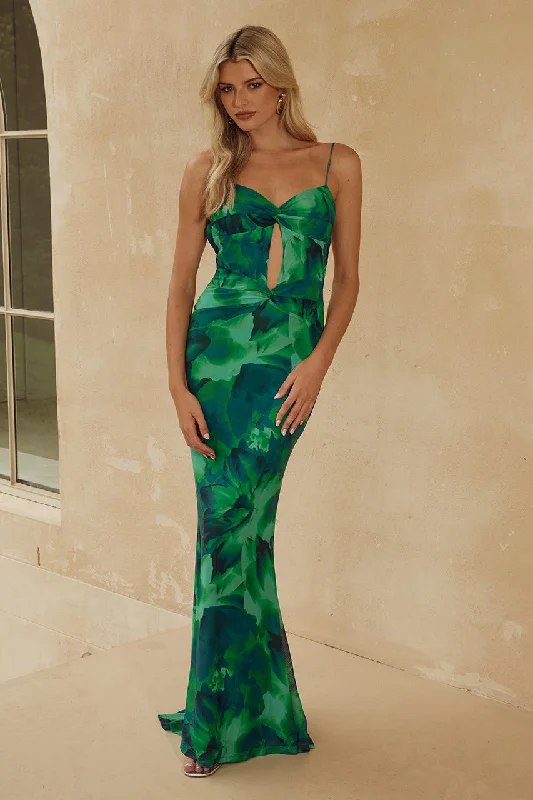 MARLINI MAXI DRESS - GREEN FLORAL Stylish Pleated A-Line Maxi Dress