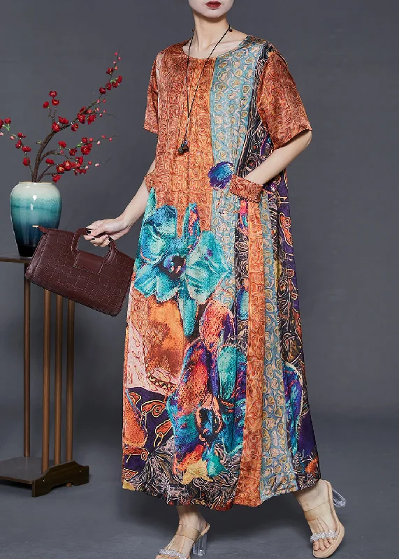 Modern Khaki Oversized Print Silk Maxi Dresses Summer Classic Solid Maxi Dress