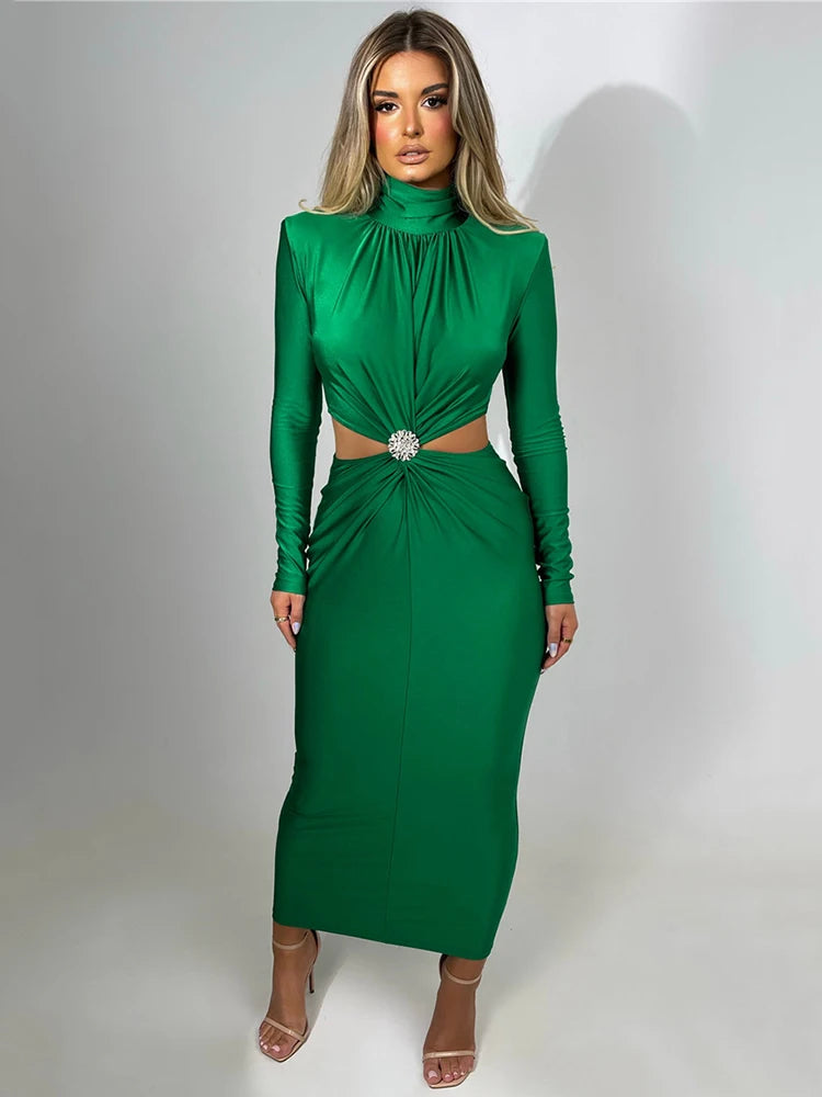 Zjkrl - Elegant Hollow Out Sexy Maxi Dress For Women Autumn Winter New Turtleneck Long Sleeve Bodycon Club Party Evening Dress Comfortable Maxi Dress with Slits