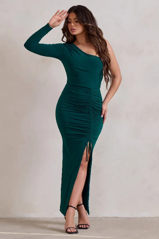 Mystical | Bottle Green One Shoulder Maxi Dress With Side Split Trendy Maxi Dress with Lace