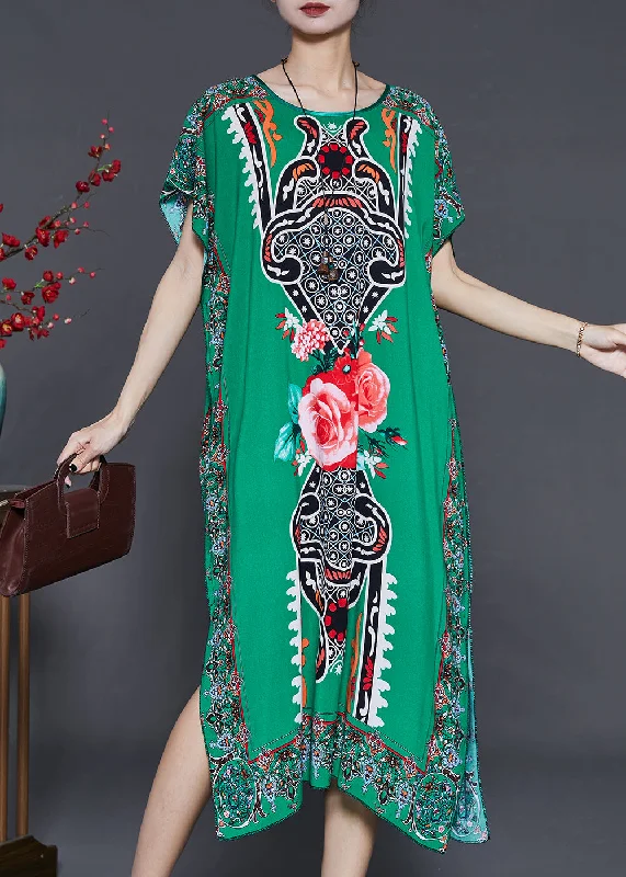 Natural Green Oversized Print Chiffon Maxi Dresses Summer Classic V-Neck Maxi Dress