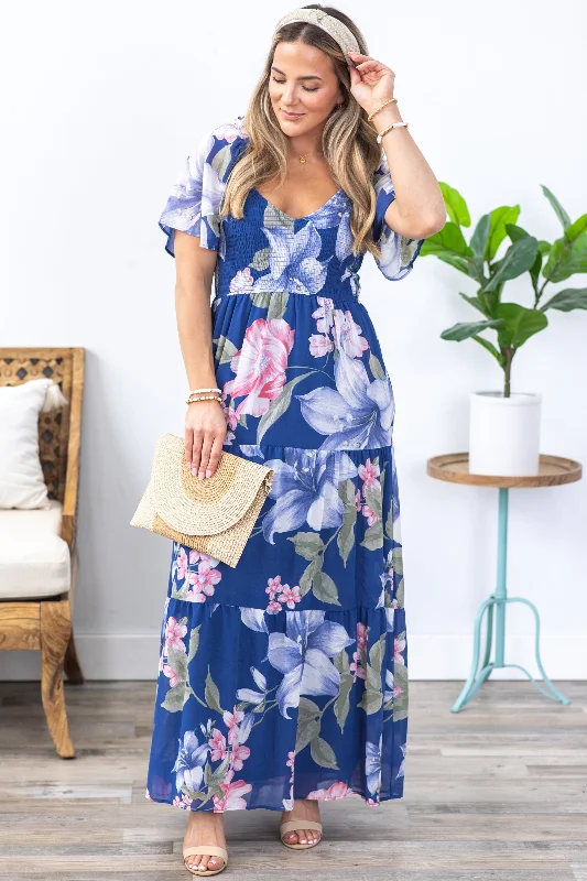 Navy Floral Smocked And Tiered Maxi Dress Classic A-Line Maxi Dress